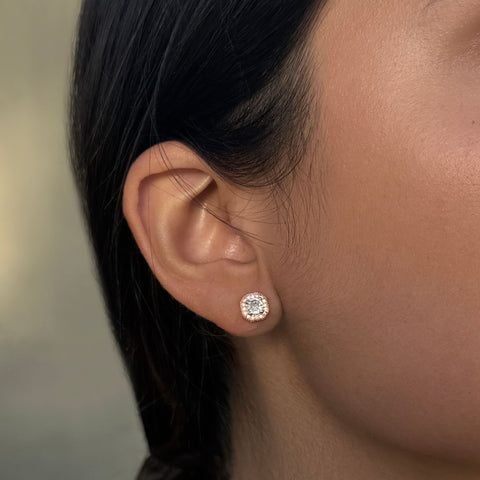 14k Rose Gold CZ Halo Square Cushion Stud Earrings