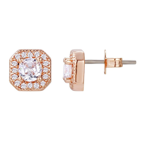 14k Rose Gold CZ Halo Square Cushion Stud Earrings