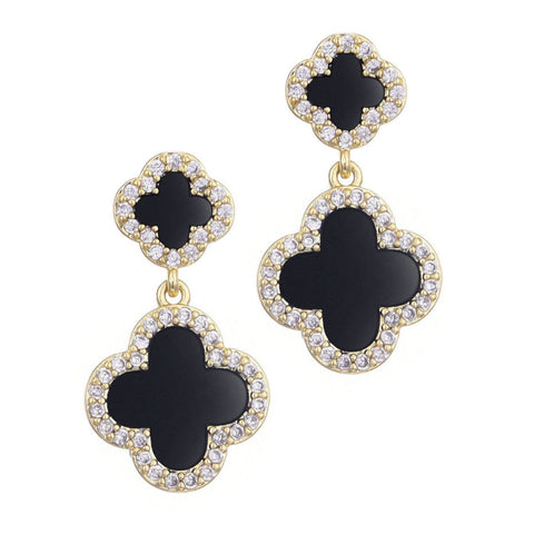 14k Gold Plated Double Black Clover CZ Drop Earrings