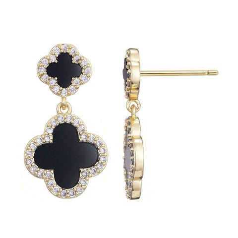 14k Gold Plated Double Black Clover CZ Drop Earrings