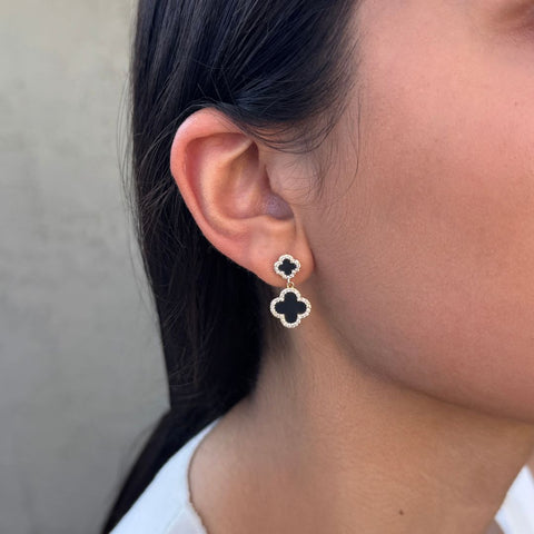 14k Gold Plated Double Black Clover CZ Drop Earrings