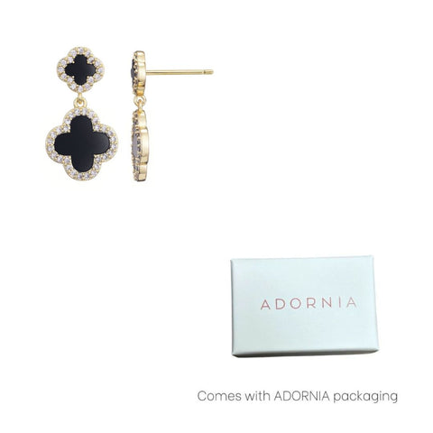 14k Gold Plated Double Black Clover CZ Drop Earrings