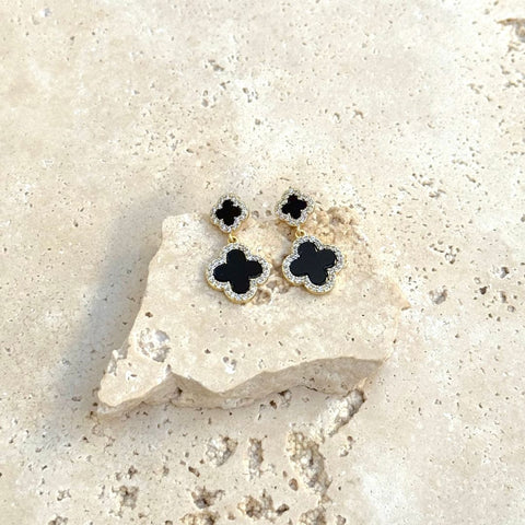 14k Gold Plated Double Black Clover CZ Drop Earrings
