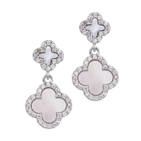 Silver Plated Double White Mother of Pearl CZ Drop Earrings