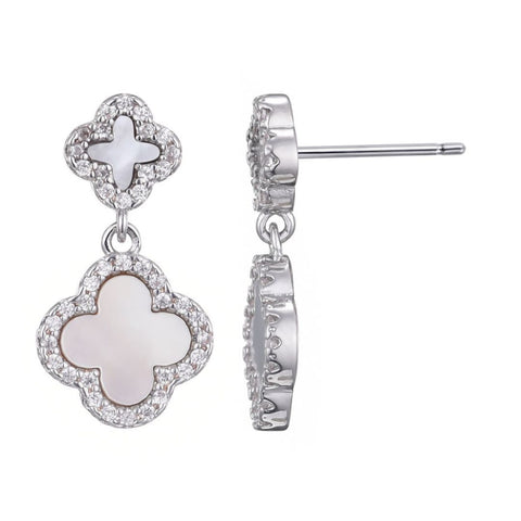 Silver Plated Double White Mother of Pearl CZ Drop Earrings