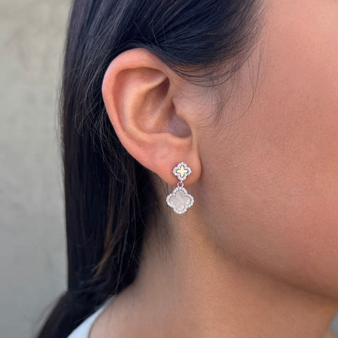 Silver Plated Double White Mother of Pearl CZ Drop Earrings