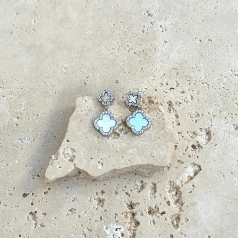 Silver Plated Double White Mother of Pearl CZ Drop Earrings