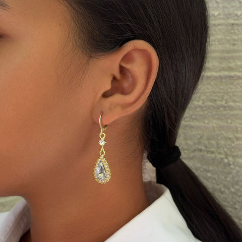 Gold Plated Pear Crystal Halo Drop Earrings