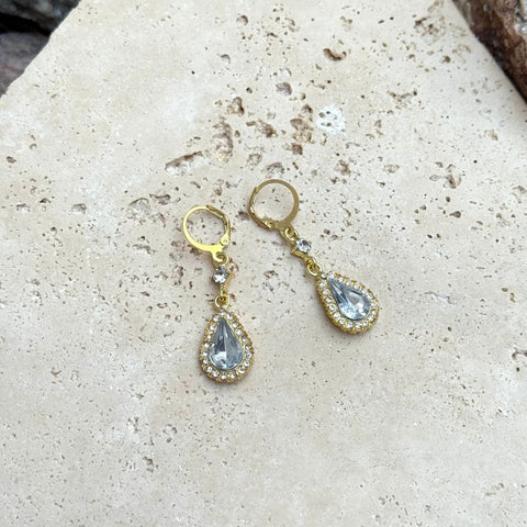 Gold Plated Pear Crystal Halo Drop Earrings
