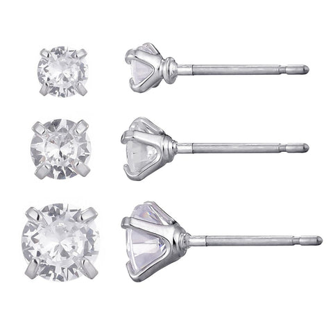 Silver Plated 3-Solitaire CZ Stud Earring Set