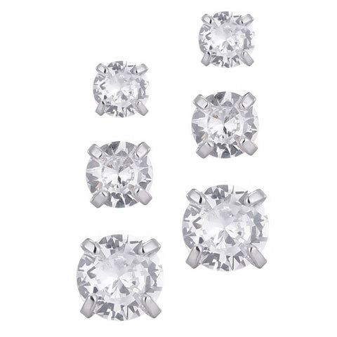 Silver Plated 3-Solitaire CZ Stud Earring Set