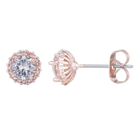 14k Rose Gold Plated Halo CZ Stud Earrings