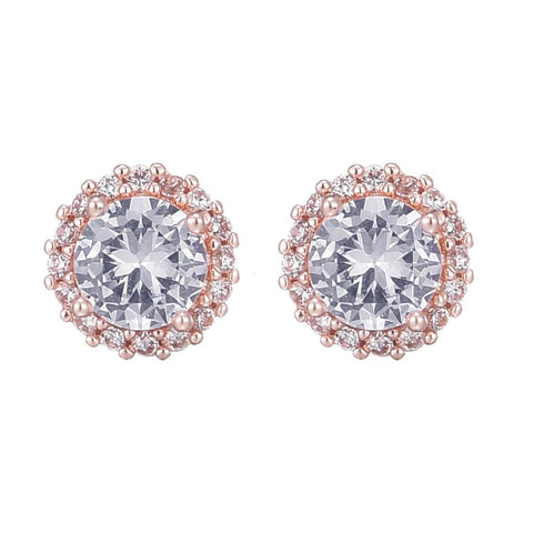 14k Rose Gold Plated Halo CZ Stud Earrings