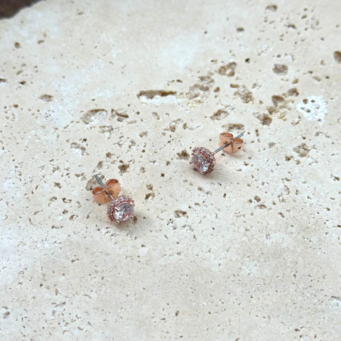 14k Rose Gold Plated Halo CZ Stud Earrings