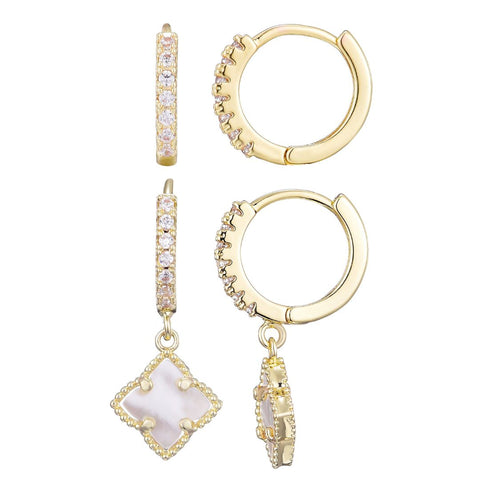 White Mother of Pearl Clover CZ Huggie Set