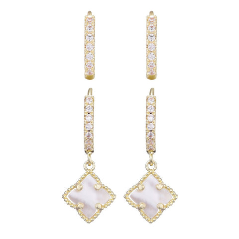 White Mother of Pearl Clover CZ Huggie Set