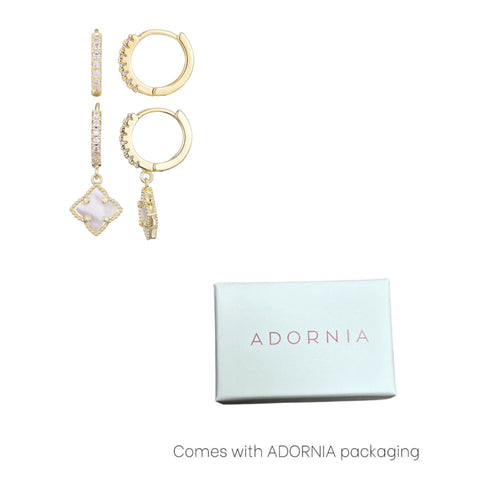 White Mother of Pearl Clover CZ Huggie Set