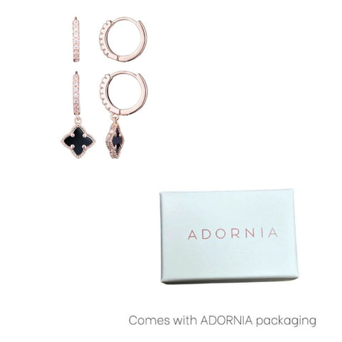 14k Rose Gold Plated Black Clover CZ Huggie Set
