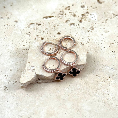 14k Rose Gold Plated Black Clover CZ Huggie Set