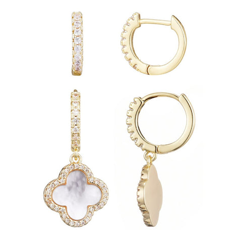 14k Gold Plated Halo Clover CZ Huggie Set