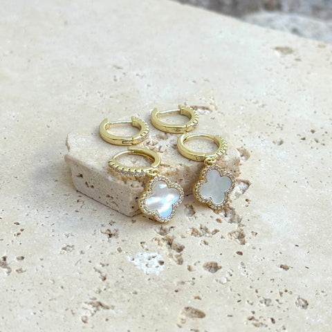 14k Gold Plated Halo Clover CZ Huggie Set