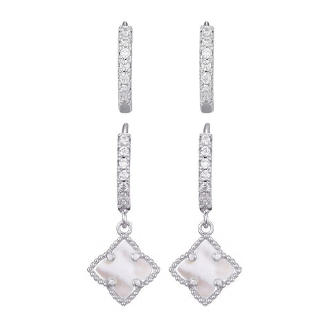 White Mother of Pearl Clover CZ Huggie Set