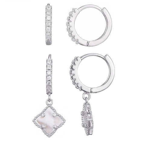 White Mother of Pearl Clover CZ Huggie Set