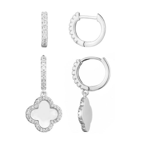 Halo White Mother of Pearl Clover CZ Huggie Set