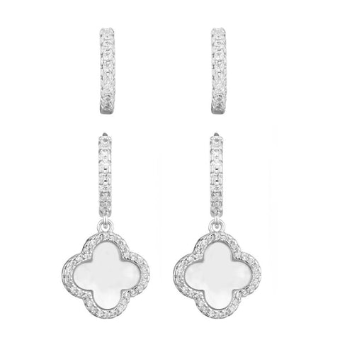 Halo White Mother of Pearl Clover CZ Huggie Set