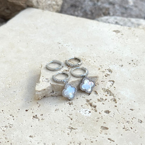 White Mother of Pearl Clover CZ Huggie Set