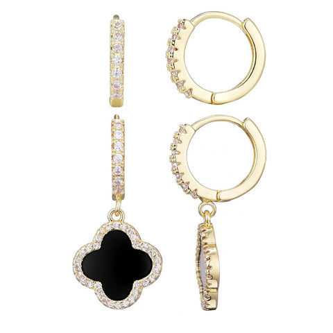 14k Gold Plated Halo Clover CZ Huggie Set