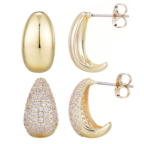 14k Gold Plated Crystal and Plain Chunky Hoop Set