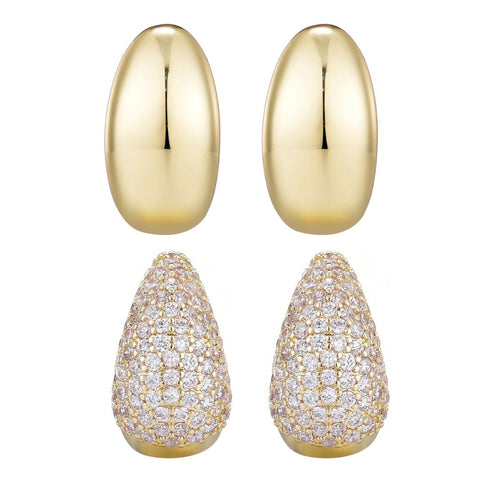 14k Gold Plated Crystal and Plain Chunky Hoop Set