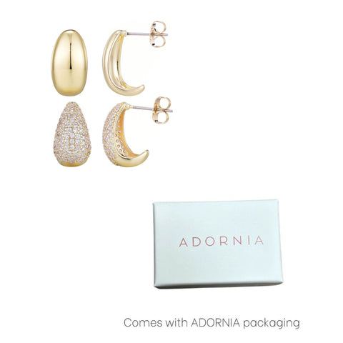 14k Gold Plated Crystal and Plain Chunky Hoop Set
