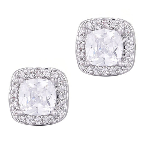 Silver Plated Cushion CZ Halo Stud Earrings