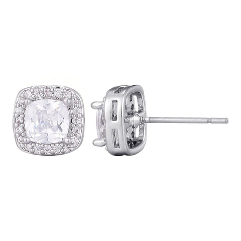 Silver Plated Cushion CZ Halo Stud Earrings