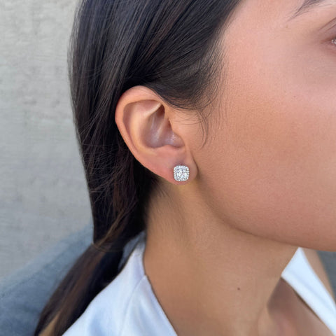 Silver Plated Cushion CZ Halo Stud Earrings