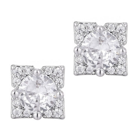 Silver Plated Flower-Shaped CZ Halo Stud Earrings