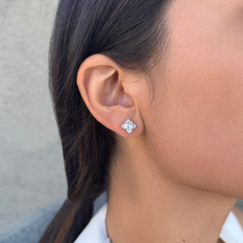 Silver Plated Flower-Shaped CZ Halo Stud Earrings
