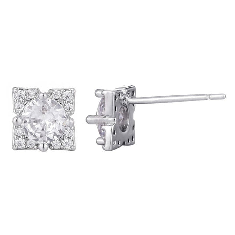 Silver Plated Flower-Shaped CZ Halo Stud Earrings