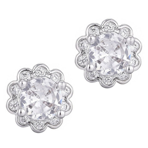 Silver Plated Floral Halo CZ Stud Earrings