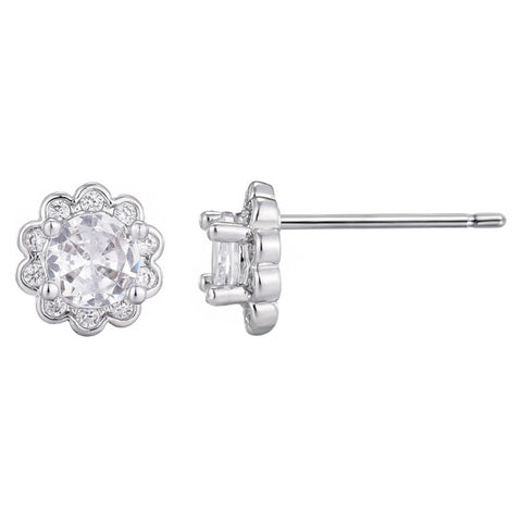 Silver Plated Floral Halo CZ Stud Earrings