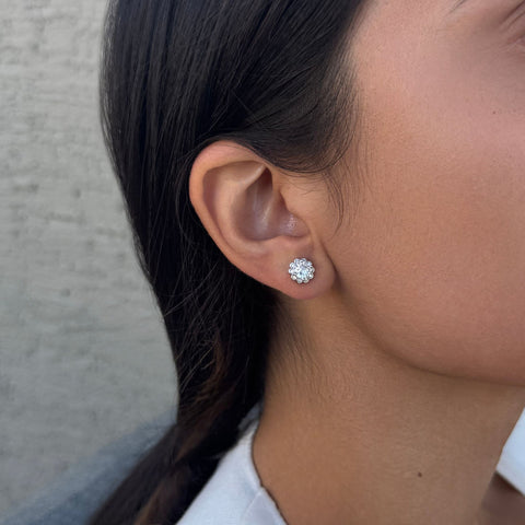 Silver Plated Floral Halo CZ Stud Earrings