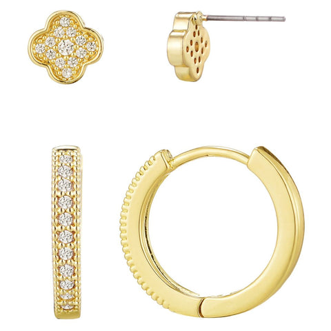 14k Gold Plated CZ Huggie and Clover Stud Set
