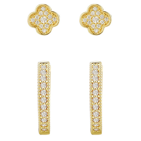 14k Gold Plated CZ Huggie and Clover Stud Set