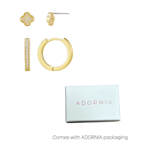 14k Gold Plated CZ Huggie and Clover Stud Set