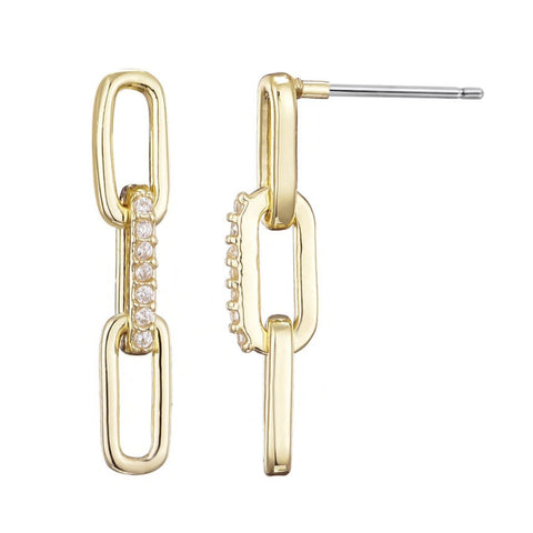 14k Gold Plated CZ Mini Paperclip Drop Earrings