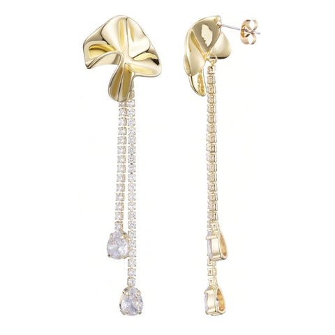 14k Gold Plated Flower Crystal Tennis Drop Earrings