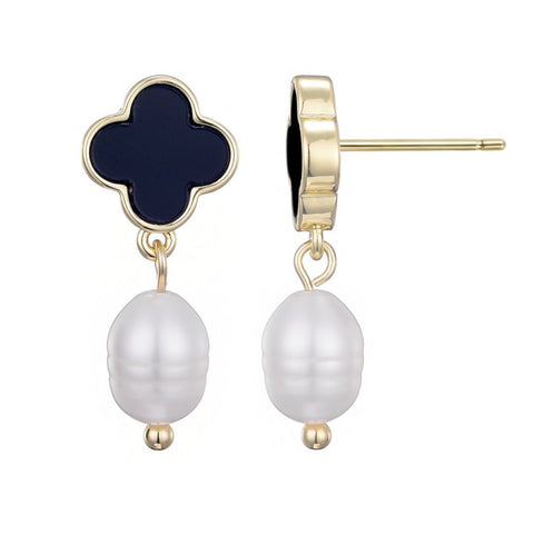 14k Gold Plated Black Clover and Freshwater Pearl Drop Earrings