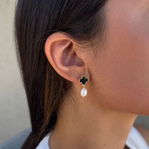 14k Gold Plated Black Clover and Freshwater Pearl Drop Earrings